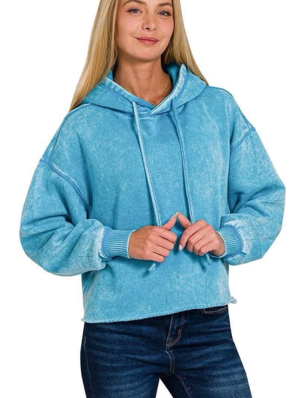 Women's Washed Light Blue Hooded Pullover Sweatshirt
